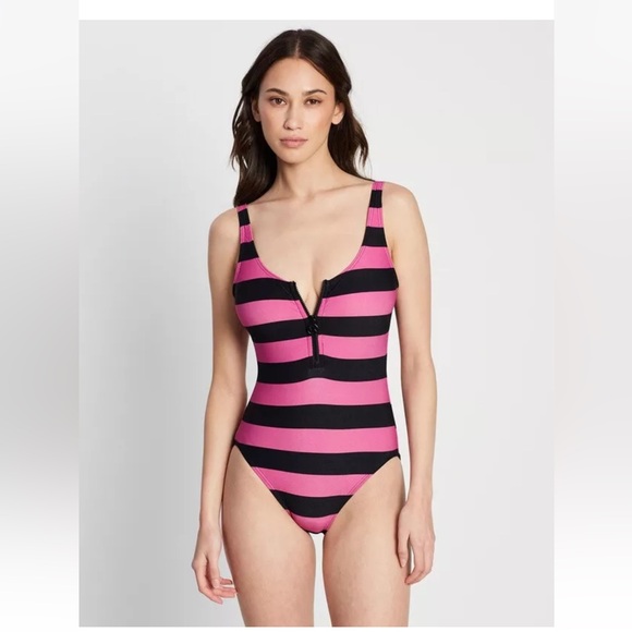 Michael Kors Zip Front One-Piece with Logo Zipper Pink and Black Stripes Size 6 - Picture 3 of 14